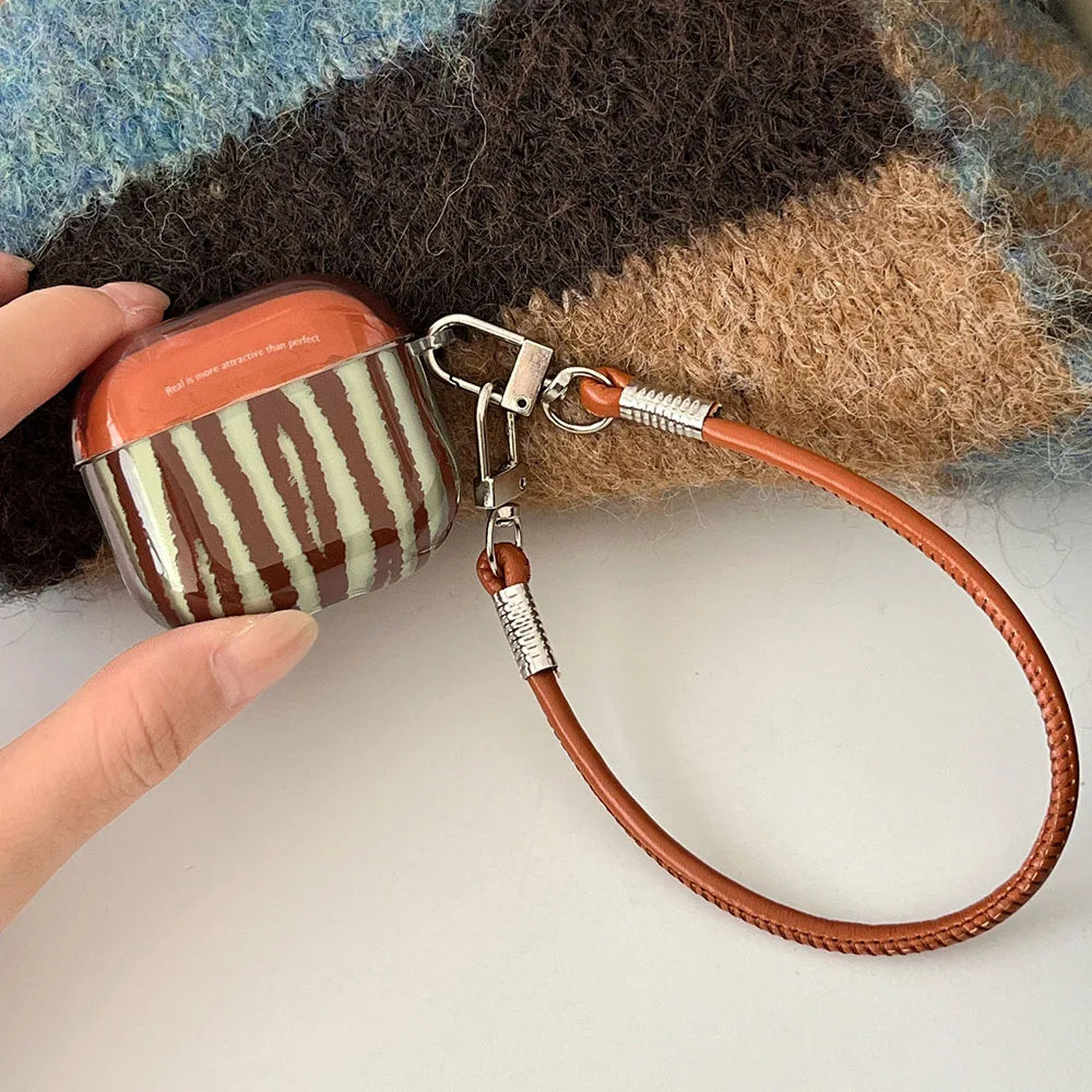 Retro Brown Green Striped AirPods Case