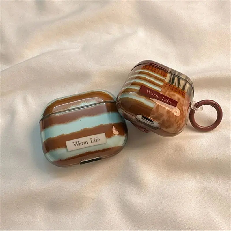 Retro Fashion Red-Brown Fuzzy Stripe Airpod Case